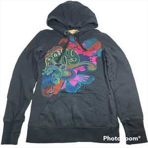 Roxy black thick hoodie with metallic screen print and embroidery size XS